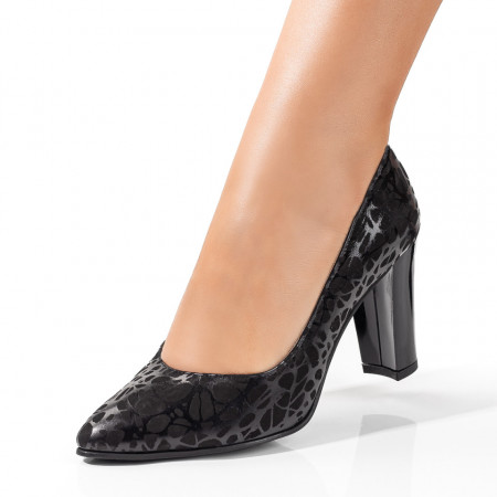 Pantofi cu toc, Pantofi dama cu toc gros si imprimeu negri din Piele naturala ZEF09849 - zeforia.ro