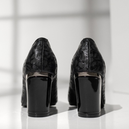 Pantofi dama cu toc gros si imprimeu negri MOD14190, 3, modlet.ro