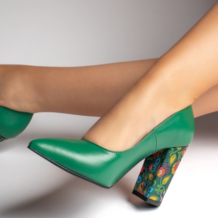 Pantofi dama cu toc gros si imprimeu verde din Piele naturala MOD12738, 2, modlet.ro
