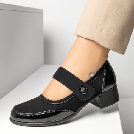 Pantofi dama, Pantofi dama cu toc gros si inchidere cu scai negru suede MOD13256, modlet.ro