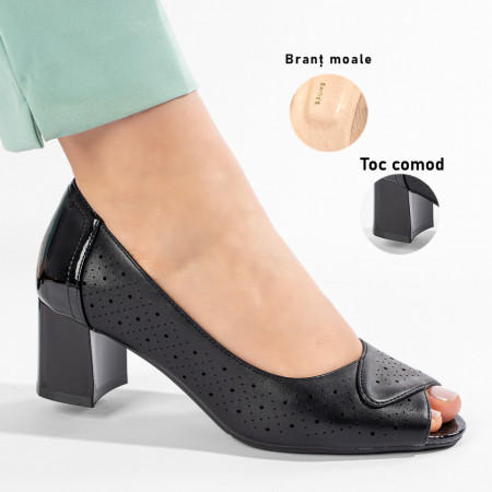 Pantofi dama cu toc gros si perforatii negri MOD11214, 3, modlet.ro
