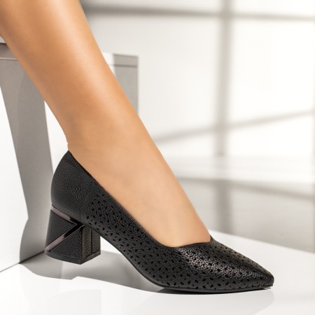 Pantofi dama cu toc gros si perforatii negri MOD13699, 4, modlet.ro