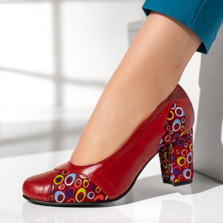 Pantofi dama, Pantofi dama cu toc gros si print rosii din Piele naturala MOD13080, modlet.ro