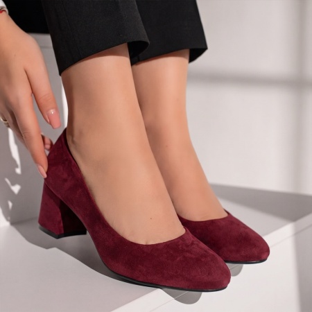 Pantofi dama cu toc gros visiniu suede INA27, 3, modlet.ro