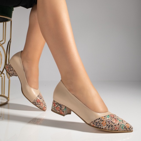 Pantofi dama cu toc mic bej cu print din Piele naturala MOD12143, 3, modlet.ro