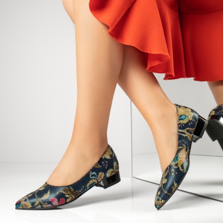 Pantofi dama cu toc mic si imprimeu albastri din Piele naturala MOD13493, 2, modlet.ro