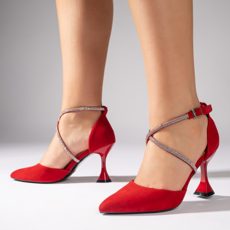 Pantofi dama cu toc si aplicatii cu pietre rosii suede LIA90, 2, modlet.ro