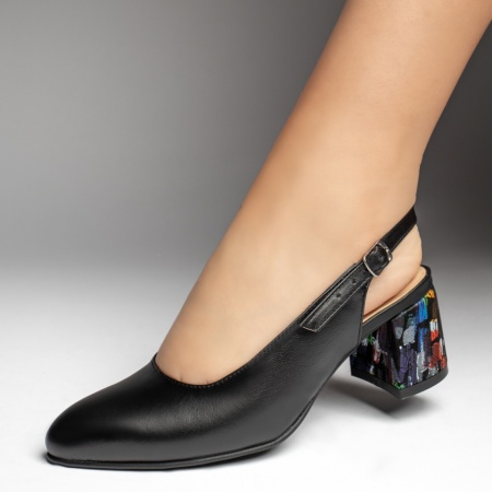 Pantofi dama cu toc si bareta negri din Piele naturala ZEF13478