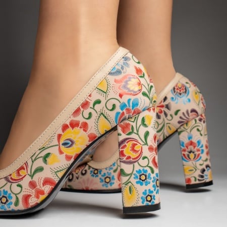 Pantofi dama cu toc si fundita bej cu model floral din Piele naturala ZEF13131, 2, zeforia.ro