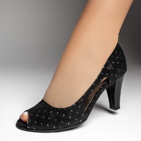 Pantofi dama cu toc si imprimeu negru suede din Piele naturala ZEF13479