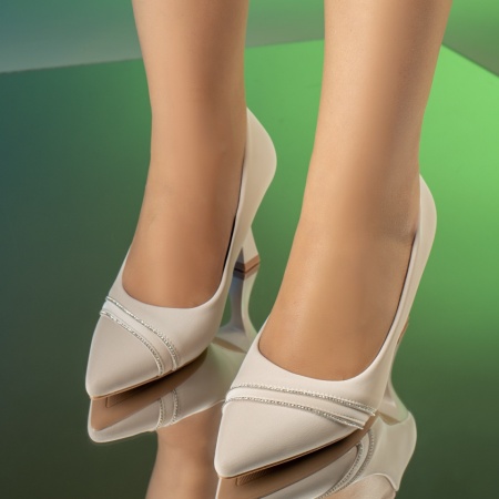 Pantofi dama cu toc si pietre aplicate bej MOD13937, 4, modlet.ro