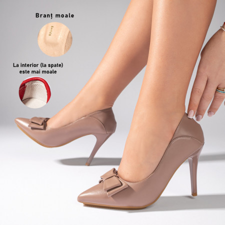 Pantofi dama cu toc subtire nude cu fundita ZEF10961