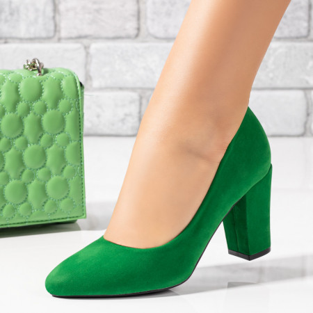 Pantofi cu toc gros dama, Pantofi dama cu toc verde suede ZEF03692 - zeforia.ro