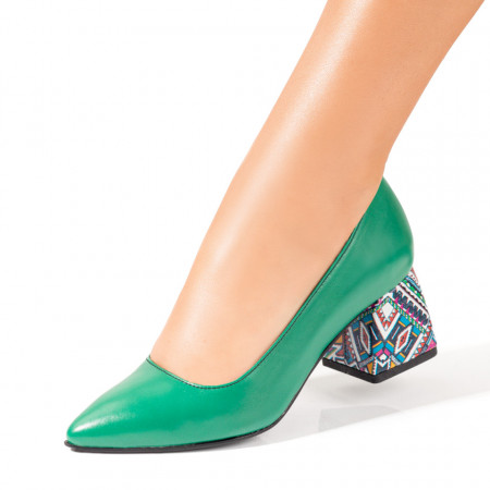 Pantofi dama, Pantofi dama verzi cu toc gros din Piele naturala MOD10242, modlet.ro