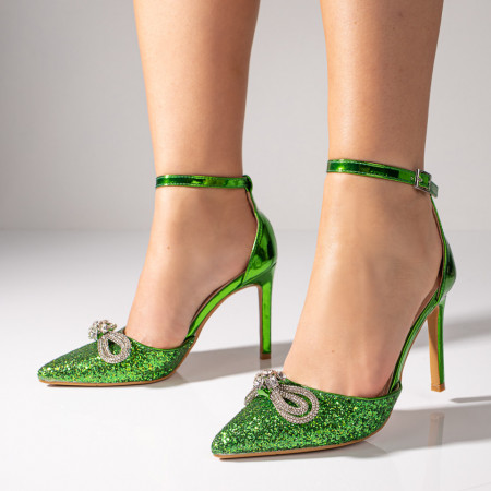 Pantofi dama verzi glitter cu toc subtire si fundita MOD09104, 3, modlet.ro