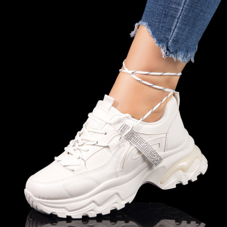 Incaltaminte dama, Pantofi sport dama albi cu strasuri atasate MOD10438, modlet.ro