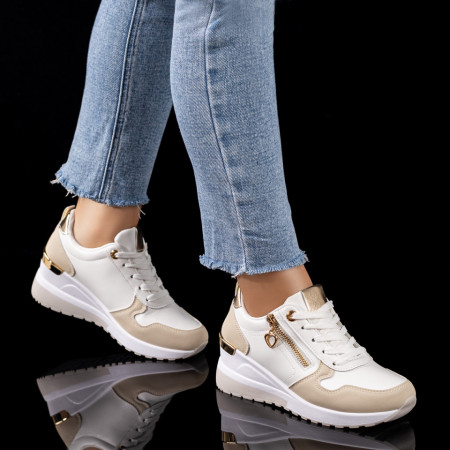 Pantofi sport dama cu platforma albi cu bej MOD09601, 3, modlet.ro