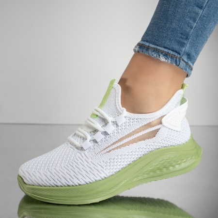 Adidasi dama, Pantofi sport dama cu siret din material textil alb cu verde MOD13183, modlet.ro