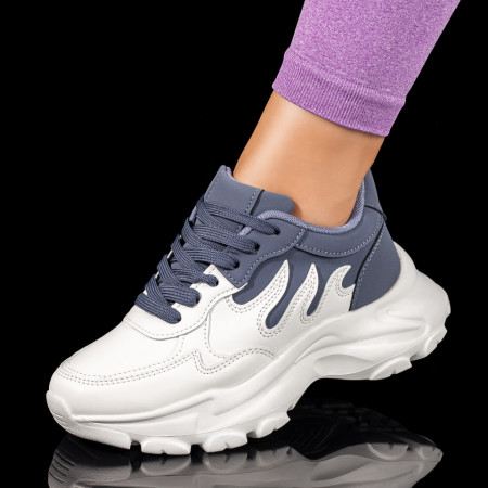 Plateste Jumatate!, Pantofi sport dama cu siret si talpa groasa albi cu albastru MOD10026, modlet.ro