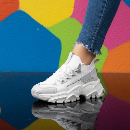 Pantofi sport dama cu talpa groasa albi cu gri MOD09199, 3, modlet.ro