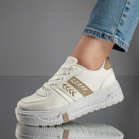 REDUCERI INCALTAMINTE, Pantofi sport dama cu talpa groasa albi cu khaki MOD11783, modlet.ro