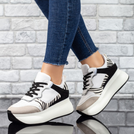 Plateste Jumatate!, Pantofi sport dama cu talpa groasa albi cu print MOD10417, modlet.ro