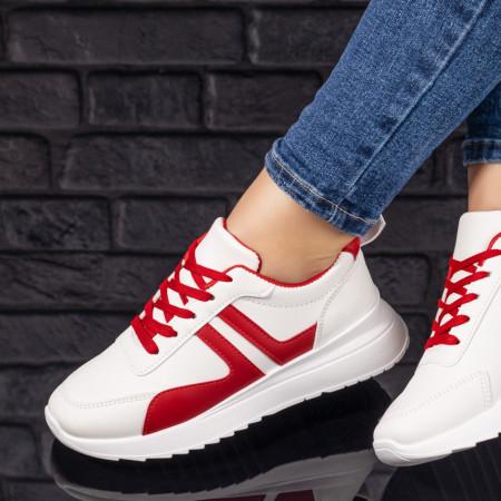 Plateste Jumatate!, Pantofi sport dama cu talpa groasa albi cu rosu MOD05871, modlet.ro