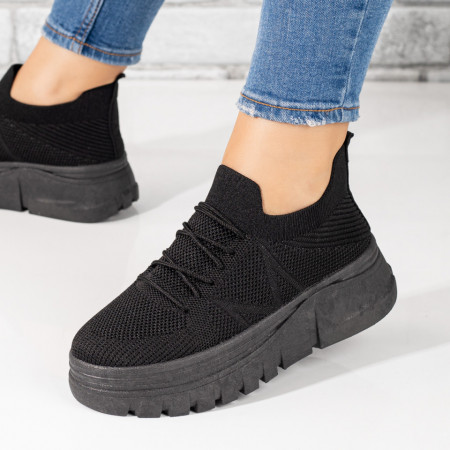 Pantofi sport dama cu talpa groasa din material textil negri MDL09419