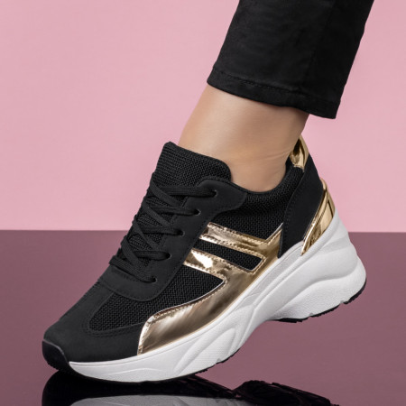 Adidasi dama, Pantofi sport dama cu talpa groasa negri cu aurii MOD08246, modlet.ro