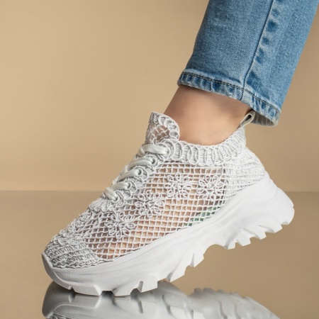 Adidasi dama, Pantofi sport dama cu talpa groasa si perforatii albi MOD13088, modlet.ro