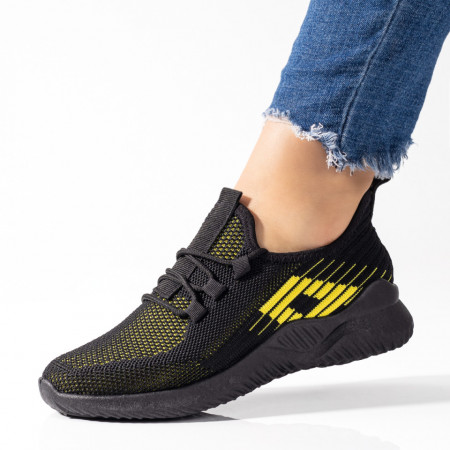 Adidasi dama, Pantofi sport dama din material textil negri cu galben MOD09501, modlet.ro
