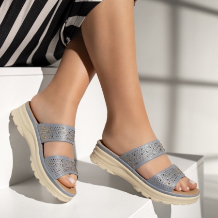 Papuci casual dama cu pietre aplicate albastri MOD13505, 4, modlet.ro
