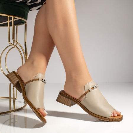 Papuci casual dama cu toc mic bej din Piele naturala MOD13301, 4, modlet.ro