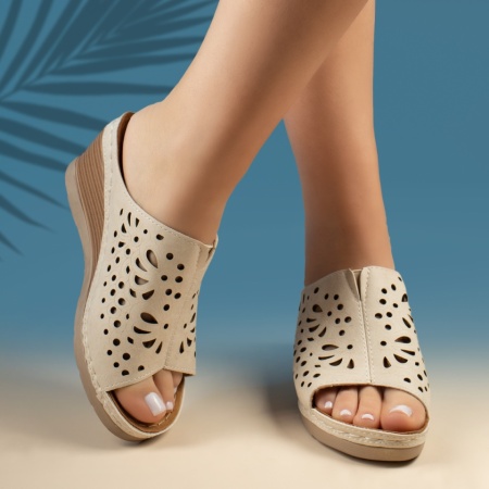 Papuci dama casual cu perforatii bej ZEF09244, 2, zeforia.ro