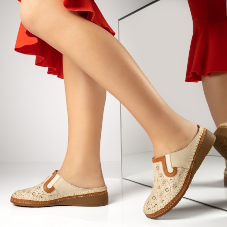 Papuci dama casual si perforatii bej din Piele naturala MOD13740