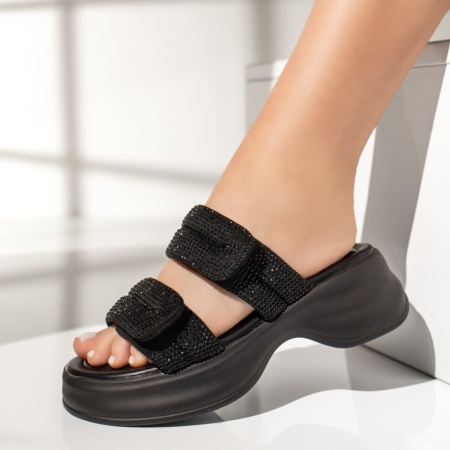 Papuci dama cu platforma si pietre aplicate negri suede ZEF13520