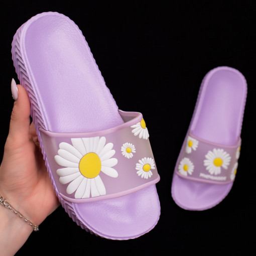 Papuci dama mov cu model floral MDL04955