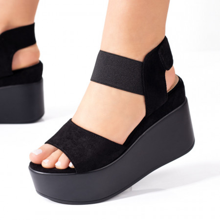 Sandale dama, Sandale dama cu platforma si inchidere cu scai negre suede MOD08550, modlet.ro