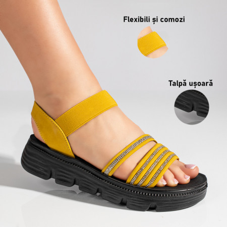 Sandale dama cu strasuri si bareta elastica galbene MOD11439, 3, modlet.ro
