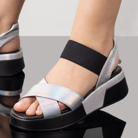 Sandale cu platforma, Sandale dama cu talpa groasa argintii cu insertie de material elastic ZEF08547 - zeforia.ro