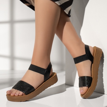 Sandale dama, Sandale dama cu talpa groasa si aplicatii cu pietre negre MOD13384, modlet.ro