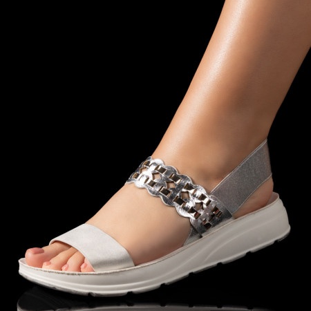 Sandale dama cu talpa groasa si bareta elastica albe cu argintiu MDL05200