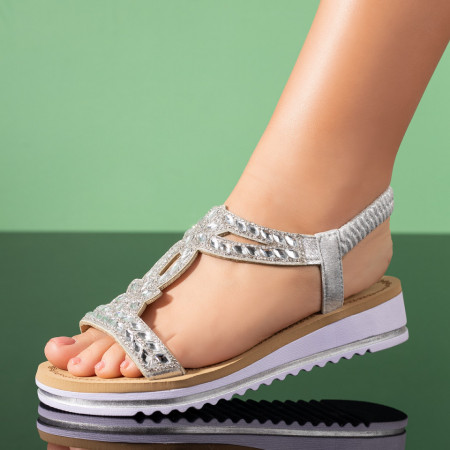 REDUCERI INCALTAMINTE, Sandale dama cu talpa joasa si bareta elastica argintii MOD09401, modlet.ro