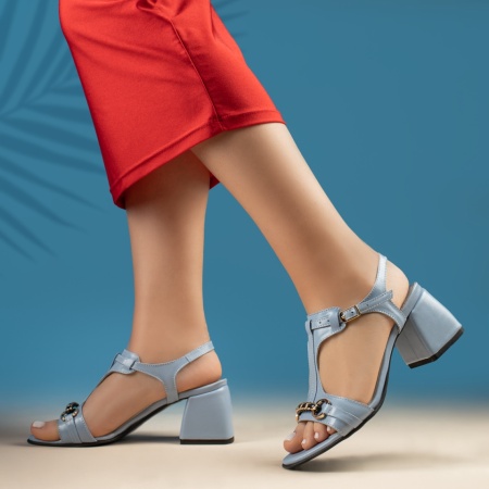 Sandale cu toc, Sandale dama cu toc gros albastre din Piele naturala MOD13451, modlet.ro