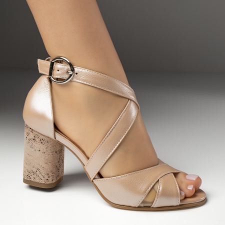 Sandale dama cu toc gros bej sidefat din Piele naturala MOD11008, 4, modlet.ro