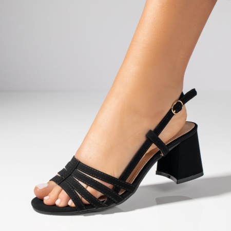 Sandale cu toc, Sandale dama cu toc gros negre suede MOD11622, modlet.ro