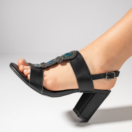 Sandale cu toc, Sandale dama cu toc gros si aplicatii cu pietre negre MOD11497, modlet.ro