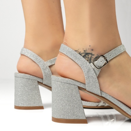 Sandale dama cu toc gros si bareta argintii glitter ANA22, 2, modlet.ro