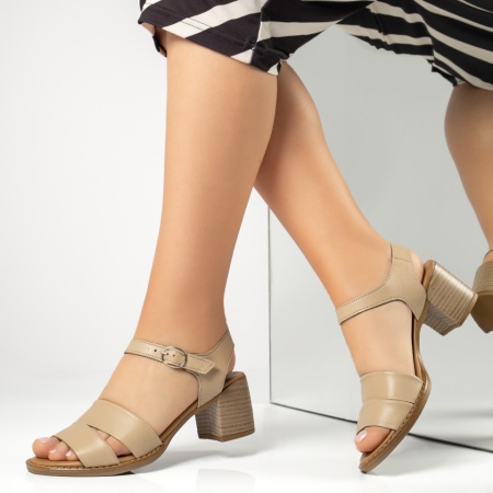 Sandale cu toc, Sandale dama cu toc gros si bareta bej din Piele naturala MOD13620, modlet.ro