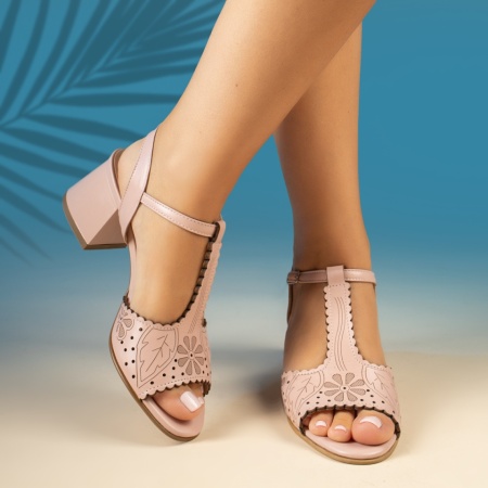 Sandale dama cu toc gros si model floral decupat roz din Piele naturala MOD13962
